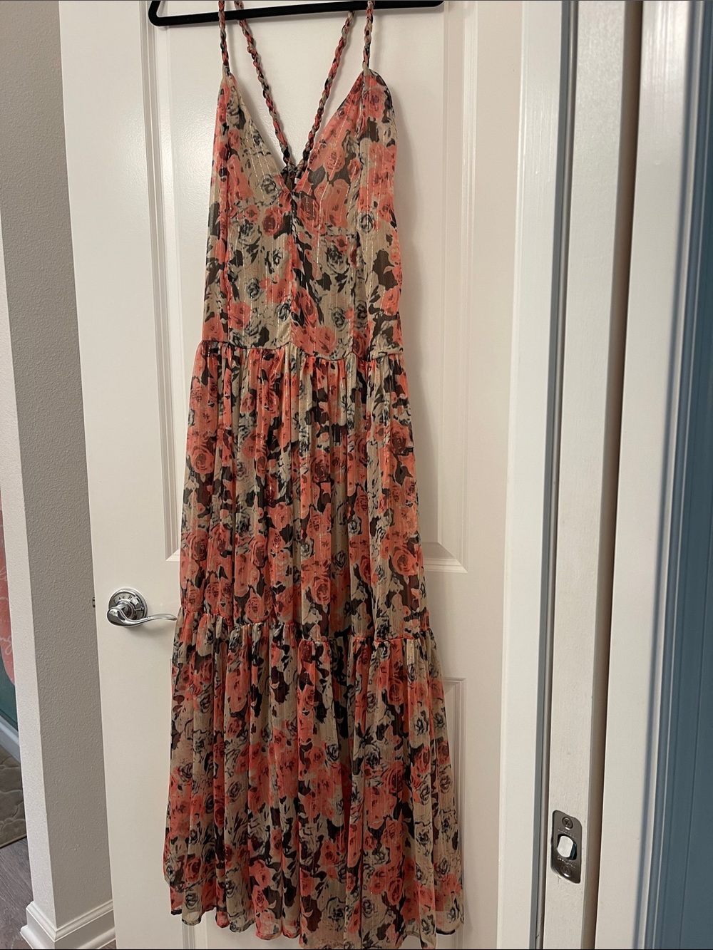 Astr Coral & Cream Floral Tiered Maxi Dress with Braided Straps